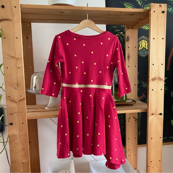 Mini Boden Red Gold Dot Long Sleeve Asymmetrical Dress 5t - Picture 3 of 11